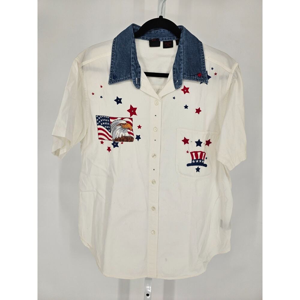 Quizz Woman Sz 16 Short Sleeve Button Up Shirt Embroidered Patriotic USA Eagle